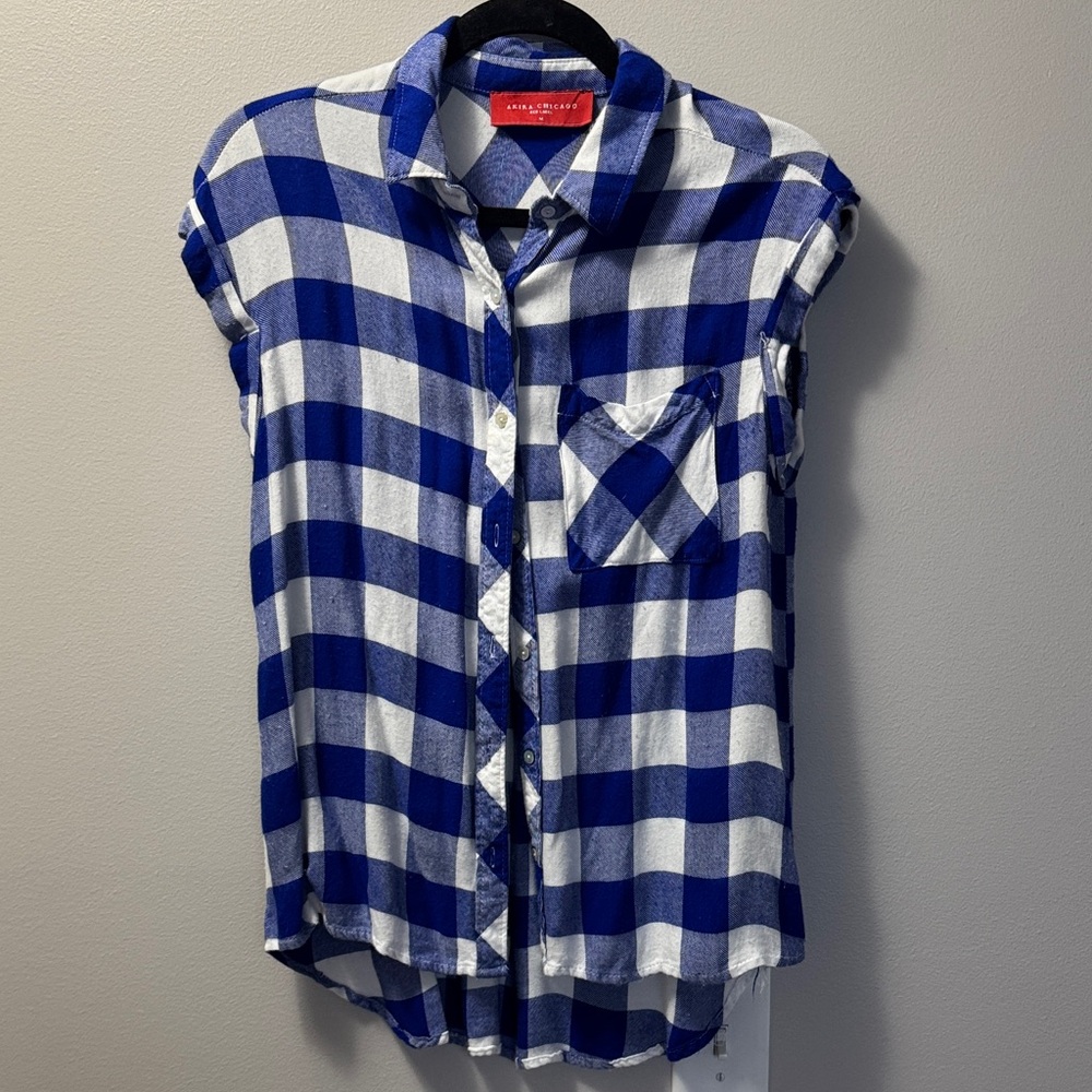 AKIRA Blue and White Plaid Top